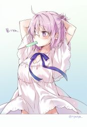 Rule 34 | 1girl, alternate costume, arms up, blue bow, blush, bow, breasts, cleavage, collarbone, commentary request, dress, fate/grand order, fate (series), food, food in mouth, glasses, hair between eyes, mash kyrielight, medium breasts, mouth hold, nyanya, popsicle, purple eyes, purple hair, short hair, short sleeves, solo, sweat, translation request, twitter username, white dress, wide sleeves