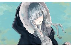 Rule 34 | 1girl, :d, alternate costume, anastasia (fate), blue eyes, blush, braid, colored eyelashes, eyelashes, fate/grand order, fate (series), fur trim, hair over one eye, highres, hood, hoodie, long hair, looking at viewer, mochiosamu ron, open mouth, shirt, silver hair, sky, smile, solo, solo focus, white shirt