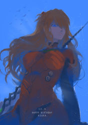 Rule 34 | 1girl, absurdres, arms at sides, blue background, blue eyes, bodysuit, character name, closed mouth, crack, dated, english text, from below, hair ornament, hair over one eye, happy birthday, highres, holding, holding weapon, lance of longinus (evangelion), long hair, looking at viewer, looking down, neon genesis evangelion, orange hair, pilot suit, plugsuit, solo, souryuu asuka langley, sparkle, twohairs, upper body, weapon
