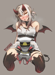Rule 34 | 1girl, artist logo, artist name, collarbone, cosplay, cropped legs, demon tail, demon wings, dress, ergot, feet out of frame, fubuki (kancolle), grey background, highres, horns, kantai collection, lycoris fubuki, lycoris fubuki (cosplay), short hair, short ponytail, simple background, solo, tail, white dress, white hair, wings