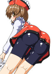 Rule 34 | 1girl, ass, bad id, bad pixiv id, bike shorts, brown hair, cameltoe, female focus, hat, kneepits, long sleeves, lyrica prismriver, mashio, open mouth, puffy sleeves, short hair, solo, touhou, white background, yellow eyes