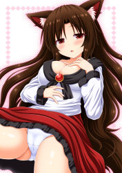 Rule 34 | 1girl, animal ears, blush, breasts, brooch, brown hair, cleavage, dress, fang, hand on own chest, imaizumi kagerou, jewelry, large breasts, long hair, long sleeves, nagana sayui, open mouth, panties, red eyes, solo, tail, touhou, underwear, white panties, wide sleeves, wolf ears, wolf tail