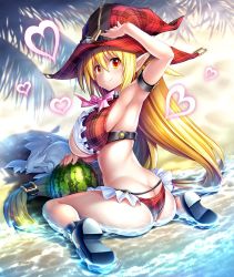 Rule 34 | 00s, 1girl, asahi, ass, bare legs, bikini, blonde hair, breasts, creature, female focus, food, fruit, hat, highres, huge ass, huge breasts, lilith-soft, long hair, looking at viewer, looking back, magical girl lilith, pointy ears, shiny skin, sideboob, sitting, smile, solo, swimsuit, taimanin (series), taimanin asagi, taimanin asagi kessen arena, underboob, very long hair, water, watermelon, witch hat, yellow eyes