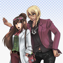 Rule 34 | 1boy, 1girl, ace attorney, angry, apollo justice: ace attorney, bad id, bad pixiv id, bishounen, brown hair, capcom, ema skye, frafra, green eyes, half updo, klavier gavin, lab coat, long hair, lowres, sleeves rolled up, sunglasses
