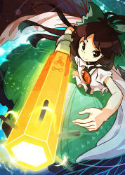Rule 34 | 1girl, ahoge, aiming, aiming at viewer, arm cannon, black eyes, black wings, bow, brown hair, cape, energy, feathered wings, glowing, glowing weapon, green bow, green skirt, hair bow, light particles, long hair, looking at viewer, orange pupils, perspective, reiuji utsuho, renren (ah renren), shirt, short sleeves, skirt, smile, solo, space, third eye, touhou, weapon, white shirt, wings