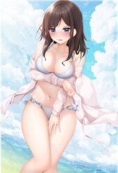 Rule 34 | 1girl, arm under breasts, beach, bikini, blue bikini, blue sky, blush, breast hold, breasts, brown hair, cleavage, cloud, collarbone, commentary request, day, horizon, long hair, looking at viewer, medium breasts, minato ojitan, navel, ocean, off shoulder, open clothes, open mouth, open shirt, original, outdoors, red eyes, shirt, sky, solo, standing, swimsuit, variant set, white shirt, wind