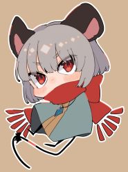 Rule 34 | 1girl, absurdres, animal ears, black bow, blush stickers, bow, brown background, capelet, chibi, commentary request, covered mouth, full body, grey hair, highres, jewelry, looking at viewer, mouse ears, mouse tail, nazrin, pendant, prat rat, red eyes, red scarf, scarf, scarf bow, short hair, solo, tail, tail bow, tail ornament, touhou