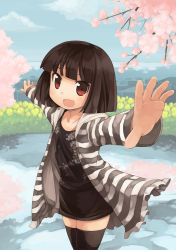 Rule 34 | 1girl, akemiho tabi nikki, bad id, bad pixiv id, black thighhighs, brown eyes, cherry blossoms, cloud, day, dress, fukube tamaki, kouno hikaru, looking at viewer, open mouth, original, outstretched arms, short hair, sky, solo, spread arms, striped, sweater, thighhighs, zettai ryouiki