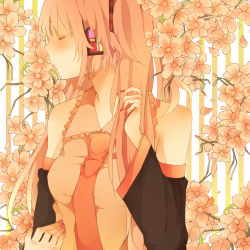 Rule 34 | 1girl, alternate color, alternate hair color, bad id, bad pixiv id, blush, cherry blossoms, closed eyes, detached sleeves, hatsune miku, headphones, long hair, mono (recall), name connection, necktie, object namesake, petals, pink hair, sakura miku, smile, solo, twintails, vocaloid