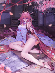 Rule 34 | 1girl, absurdres, animal ears, bare shoulders, blush, breasts, cherry blossoms, detached sleeves, earrings, floppy ears, fox, fox ears, fox shadow puppet, genshin impact, hair between eyes, hair ornament, highres, japanese clothes, jewelry, juuhachi kin (anthonyy1821), large breasts, long hair, looking at viewer, low-braided long hair, low-tied long hair, nontraditional miko, pink fur, pink hair, purple eyes, smile, solo, thighs, very long hair, wide sleeves, yae miko