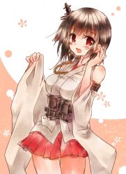 Rule 34 | 10s, 1girl, :d, bare shoulders, black hair, detached sleeves, hair ornament, japanese clothes, kantai collection, long sleeves, looking at viewer, momoiro, nontraditional miko, open mouth, pleated skirt, red eyes, red skirt, short hair, skirt, smile, solo, yamashiro (kancolle)