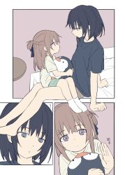 Rule 34 | 2girls, black hair, black shirt, braid, brown hair, closed mouth, coldcat., commentary request, commission, eye contact, french braid, green shorts, highres, indoors, long hair, looking at another, medium hair, miyagi shiori, multiple girls, on bed, parted lips, purple eyes, second-party source, sendai hazuki, shirt, short sleeves, shorts, shuuniichido classmate wo kau hanashi, sitting, sitting on lap, sitting on person, stuffed animal, stuffed penguin, stuffed toy, white shirt