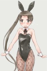 Rule 34 | 1girl, animal ears, ayanami (kancolle), black eyes, black leotard, black ribbon, brown hair, brown pantyhose, commentary request, cowboy shot, detached collar, fake animal ears, fishnet pantyhose, fishnets, flat chest, grey background, kantai collection, katatsuka kouji, leotard, long hair, looking at viewer, pantyhose, playboy bunny, rabbit ears, rabbit tail, ribbon, side ponytail, simple background, solo, strapless, strapless leotard, tail, wrist cuffs
