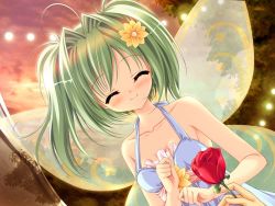 Rule 34 | 1girl, ^ ^, ahoge, bare arms, blush, collarbone, dress, dutch angle, closed eyes, facing viewer, fairy wings, flower, game cg, green hair, hair flower, hair intakes, hair ornament, lia berlioz, prism rhythm, red rose, rose, short hair, sleeveless, sleeveless dress, smile, solo focus, tanihara natsuki, twintails, upper body, wings