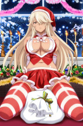 Rule 34 | 1girl, breasts, chr, christmas, hat, ikkitousen, large breasts, musashibou benkei (ikkitousen), santa hat, skirt, solo