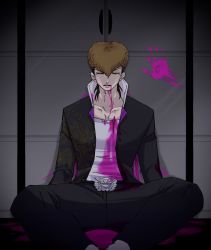 Rule 34 | 1boy, belt buckle, black coat, black pants, blood, blood from mouth, blood on clothes, bloody handprints, brown hair, buckle, closed eyes, coat, collarbone, corpse, danganronpa: trigger happy havoc, danganronpa (series), death, door, dragon ornament, dragon print, facing viewer, feet out of frame, handprint, highres, long sleeves, male focus, mokuzou (mokumokuzo), multicolored hair, on floor, open clothes, owada mondo, pants, pink blood, pompadour, shirt, sitting, solo, two-tone hair, white shirt
