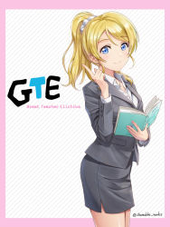 Rule 34 | 1girl, ayase eli, blonde hair, blue eyes, book, border, diagonal stripes, earrings, formal, highres, holding, holding book, index finger raised, jewelry, long sleeves, looking at viewer, love live!, love live! school idol festival, love live! school idol project, necklace, open book, pencil skirt, pink border, ponytail, scrunchie, shamakho, side slit, skirt, skirt suit, smile, solo, striped, striped background, suit, teacher, twitter username, white scrunchie