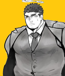 Rule 34 | 1boy, bad id, bad pixiv id, bara, bespectacled, blush, facial hair, fire, flaming halo, formal, glasses, halo, jacket, large pectorals, male focus, mature male, monochrome, muscular, muscular male, official alternate costume, pectorals, po fu, short hair, sideburns, striped clothes, striped jacket, stubble, suit, sweatdrop, tokyo houkago summoners, upper body, vest, yellow background, yellow theme, zabaniyya (fashionista suit) (housamo), zabaniyya (housamo)