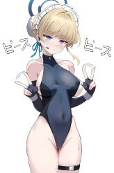Rule 34 | absurdres, bandaid, bandaid on cheek, bandaid on face, bandaid on nose, black gloves, blonde hair, blue archive, blue eyes, blue hair, blue leotard, blue ribbon, braid, breasts, bun cover, chest harness, commentary request, covered navel, cowboy shot, earpiece, emil (386), fingerless gloves, french braid, gloves, hair bun, hair ribbon, harness, headset, heattech leotard, highleg, highleg leotard, highres, leotard, looking at viewer, maid headdress, multicolored hair, ribbon, short hair, simple background, single hair bun, sleeveless turtleneck leotard, small breasts, streaked hair, toki (blue archive), turtleneck, two-tone leotard, v, white background