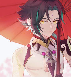 Rule 34 | 1boy, arm tattoo, armor, asymmetrical clothes, bead necklace, beads, black gloves, black hair, closed mouth, diamond-shaped pupils, diamond (shape), eyeshadow, facial mark, forehead mark, genshin impact, gloves, green hair, holding, holding umbrella, jewelry, liyue so good, makeup, male focus, multicolored hair, necklace, parted bangs, pendant, red eyeshadow, short hair with long locks, shoulder armor, shoulder pads, shoulder spikes, simple background, single bare shoulder, slit pupils, solo, spikes, symbol-shaped pupils, tassel, tattoo, two-tone hair, umbrella, xiao (genshin impact), yellow eyes