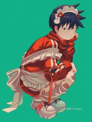Rule 34 | 1boy, alternate costume, apron, bandaid, bandaid on leg, black hair, bow, closed mouth, commentary request, frilled apron, frills, from side, full body, green background, hand on own chin, highres, jacket, jersey maid, kageyama ritsu, long sleeves, looking at viewer, loose socks, maid, maid headdress, male focus, mob psycho 100, red bow, red jacket, roza (tanukiracoon427), shoes, short hair, simple background, sitting, socks, solo, track jacket, unconventional maid, white apron, white footwear