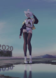Rule 34 | 2020, amo (silent bomb19), animal ears, bad id, bad pixiv id, bare shoulders, black thighhighs, blue eyes, blue sky, boots, bra strap, contrapposto, full body, hand up, highres, looking at viewer, microskirt, off-shoulder jacket, off shoulder, original, outdoors, pigeon-toed, pink hair, pond, reflection, retro artstyle, shorts, skirt, sky, smile, solo, standing, thighhighs, white footwear, white shorts
