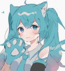 Rule 34 | 1girl, animal ear fluff, animal hands, aqua eyes, aqua necktie, aqua shirt, arm at side, asymmetrical sleeves, bare shoulders, black sleeves, blush, collared shirt, commentary request, crossed bangs, detached sleeves, gloves, hair between eyes, hand up, hatsune miku, heart, highres, long sleeves, looking at viewer, mismatched sleeves, necktie, otintin, paw gloves, pout, shirt, sidelocks, sideways glance, simple background, sketch, sleeveless, sleeveless shirt, solo, twintails, uneven sleeves, upper body, vocaloid, wavy mouth, white background