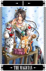 Rule 34 | 00s, 1girl, bag, bare shoulders, belt, black hair, braid, breasts, cait sith (ff7), card, cleavage, creature, dice, doll, earrings, facing viewer, final fantasy, final fantasy x, hair bun, hair over one eye, handbag, jewelry, knife, looking at viewer, lulu (ff10), mole, moogle, moomba, multiple belts, necklace, parted lips, pupu (ff8), red eyes, satchel, single hair bun, stuffed animal, stuffed toy, sword, table, tarot card, weapon