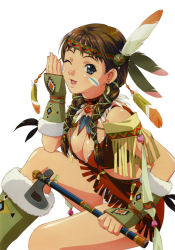 Rule 34 | beads, blue eyes, braid, breasts, brown hair, cleavage, earrings, facepaint, feathers, hatchet, jewelry, native american, necklace, open mouth, original, panties, short twintails, smile, squaw, tomahawk, tribal, twin braids, twintails, underwear, weapon, wink