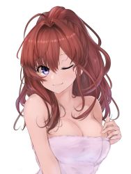 Rule 34 | 1girl, :3, ahoge, alternate hairstyle, bad id, bad twitter id, bare shoulders, breasts, brown hair, cleavage, commentary, hair intakes, hair up, hand on breast, ichinose shiki, idolmaster, idolmaster cinderella girls, lamp p9, large breasts, lips, long hair, looking to the side, one eye closed, ponytail, purple eyes, simple background, solo, towel, upper body, white background