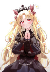 Rule 34 | 1girl, black dress, blonde hair, blush, dress, earrings, ereshkigal (fate), ereshkigal (third ascension) (fate), fate/grand order, fate (series), fur-trimmed sleeves, fur trim, gold, hair ribbon, highres, infinity symbol, jewelry, layered sleeves, long hair, long sleeves, looking at viewer, parted bangs, red eyes, red ribbon, ribbon, solo, ssk (yoiosushi), tiara, two-sided fabric, two side up, very long hair