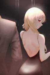 Rule 34 | 1boy, 1girl, absurdres, adjusting hair, ass, back, bare arms, bare back, bare shoulders, blonde hair, breasts, dress, formal, highres, long hair, looking at viewer, looking back, original, red eyes, smile, suit, yeoni mon