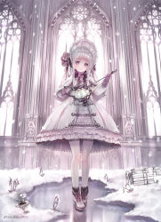 Rule 34 | 1girl, bonnet, boots, bow, capelet, closed mouth, commentary, dress, flower, full body, gloves, grey eyes, grey footwear, hane segawa, hat, hat bow, high heel boots, high heels, highres, holding, ice, lace, lace-trimmed dress, lace trim, lolita fashion, long sleeves, looking at viewer, original, pantyhose, purple bow, purple gloves, snow, snowdrop (flower), snowing, solo, standing, symbol-only commentary, twitter username, watering can, white capelet, white dress, white flower, white hat, white pantyhose, window