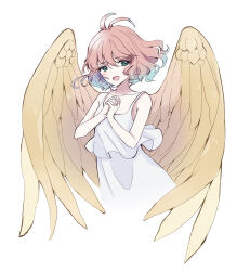 Rule 34 | 1girl, antenna hair, blush, brown wings, collarbone, cropped torso, dress, eyelashes, feathered wings, gradient hair, green eyes, harpy (puyopuyo), highres, kashima miyako, looking at viewer, multicolored hair, muted color, open mouth, own hands clasped, own hands together, pink hair, puyopuyo, short hair, solo, wavy hair, white dress, wings