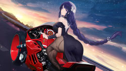 Rule 34 | 1girl, absurdres, ass, bare shoulders, black pantyhose, blurry, braid, depth of field, dress, driving, flower, frilled sleeves, frills, genshin impact, hair flower, hair ornament, highres, looking at viewer, motor vehicle, motorcycle, night, night sky, no shoes, outdoors, pantyhose, purple dress, purple eyes, purple hair, raiden shogun, road, sky, soles, solo, star (sky), starry sky, sunset, yizhibao
