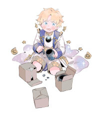 Rule 34 | 1boy, blonde hair, blue eyes, blush, box, broken, broken cup, child, cup, dot nose, fate/grand order, fate (series), from above, highres, holding, holding cup, kneeling, long sleeves, looking at viewer, male focus, mug, oneroom-disco, open mouth, robe, short hair, shorts, solo, star (symbol), voyager (fate), white robe, white shorts