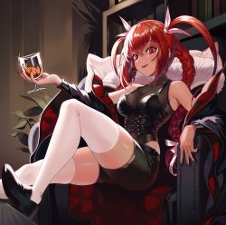 Rule 34 | 1girl, bare shoulders, belt, black belt, black coat, black footwear, black shorts, book, bookshelf, braid, breasts, chair, cleavage, coat, commentary request, cup, drink, drinking glass, fingernails, fur trim, gemi ningen, hair between eyes, hair ribbon, highres, holding, holding cup, indoors, korean commentary, long fingernails, long hair, looking at viewer, medium breasts, nail polish, off shoulder, official art, open clothes, open coat, open mouth, original, pink ribbon, plant, red eyes, red hair, red nails, ribbon, shoes, shorts, sitting, solo, table, teeth, thighhighs, thighs, twin braids, twintails, upper teeth only, white thighhighs, wide sleeves, wine glass