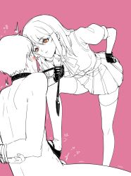 Rule 34 | 1boy, 1girl, arms behind back, artist request, blush, clothed female nude male, collar, femdom, gloves, hand on own hip, highres, leash, long hair, monochrome, ni3e2a1en1, nude, orange eyes, original, penis, pink background, school uniform, short hair, simple background, sitting, skirt, slave, smile, spitting, standing, stomping, tagme, testicles, thighhighs, uncensored