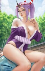 Rule 34 | 1girl, black horns, black horns, breasts, cleavage, cloud, cloudy sky, day, forest, head tilt, highres, horn, horns, japanese clothes, large breasts, legs, long hair, looking at viewer, nail polish, nature, oni, oni girl, oni horn, oni horns, outdoors, ponytail, purple eyes, purple hair, purple nails, realistic, rimuru tempest, sciamano240, shion (tensei shitara slime datta ken), single horn, sitting, sky, slime, teeth, tensei shitara slime datta ken, thighs, tree