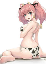 Rule 34 | 1girl, animal ears, animal print, ass, atlanta (kancolle), barefoot, bell, bikini, blue eyes, breasts, brown hair, butt crack, commentary request, cow ears, cow horns, cow print, cow tail, ear tag, from behind, highres, horns, kantai collection, kodama (mmt uf), large breasts, long hair, open mouth, side-tie bikini bottom, simple background, sitting, solo, swimsuit, tail, two side up, wariza, white background, white bikini