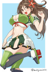 Rule 34 | 1girl, amagi (kancolle), bare shoulders, blue background, blush, border, breasts, brown eyes, brown hair, chamumi (mochiumee), cleavage, clothing cutout, commentary request, foot out of frame, kantai collection, large breasts, leg up, long hair, looking at viewer, mole, mole under eye, o-ring, o-ring bottom, open mouth, shoulder cutout, simple background, skirt, smile, solo, twitter username, very long hair, white border