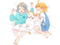 Rule 34 | 2girls, ahoge, aqua hoodie, barefoot, blue overalls, blush, bow, braid, brown hair, closed eyes, closed mouth, commentary request, dog, hair bow, highres, hood, hood down, kashikaze, long sleeves, love live!, love live! sunshine!!, lying, medium hair, multiple girls, on back, open mouth, orange hair, overalls, shirt, short hair, short sleeves, side braid, sleeping, takami chika, watanabe you, white shirt, yellow bow