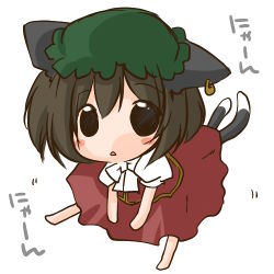 Rule 34 | 1girl, animal ears, brown hair, cat ears, cat girl, cat tail, chen, chibi, earrings, female focus, full body, futami yayoi, hat, jewelry, lowres, multiple tails, short hair, simple background, sitting, solo, tail, touhou