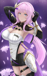 Rule 34 | 1girl, archstreal, armpits, black gloves, black shorts, blue eyes, breasts, cleavage, closed mouth, cowboy shot, elbow gloves, elf, elysia (honkai impact), elysia (miss pink elf) (honkai impact), flower, from side, gloves, hair ornament, highres, honkai (series), honkai impact 3rd, large breasts, looking at viewer, pink hair, pointy ears, purple background, short shorts, shorts, smile, solo, thighhighs, thighs