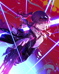 Rule 34 | 1girl, arms up, black choker, black jacket, black shorts, breasts, choker, collared jacket, collared shirt, eyewear on head, gloves, gun, hair between eyes, high-waist shorts, highres, holding, holding gun, holding weapon, honkai: star rail, honkai (series), jacket, kafka (honkai: star rail), lips, long hair, long sleeves, looking at viewer, medium breasts, multicolored hair, open clothes, open jacket, pantyhose, pink eyes, pink hair, ponytail, puffy long sleeves, puffy sleeves, purple gloves, purple hair, purple pantyhose, red background, round eyewear, shirt, shorts, sidelocks, simple background, smile, solo, spider web print, standing, sunglasses, teeth, thread, toni infante, weapon, white shirt