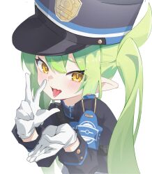 Rule 34 | 1girl, :p, absurdres, armband, black hat, black jacket, blue archive, blue armband, commentary request, fellatio gesture, gloves, green hair, hat, nozomi (blue archive), highres, jacket, long hair, looking at viewer, nozomi (blue archive), open mouth, simple background, solo, tongue, tongue out, twintails, upper body, w, white background, white gloves, xinrouyu, yellow eyes