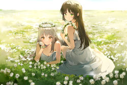 Rule 34 | 2girls, anmi, bare shoulders, barefoot, blush, braid, breasts, brown eyes, brown hair, cleavage, closed mouth, collarbone, commentary request, day, dress, field, flower, flower bracelet, flower wreath, foot up, full body, green eyes, hand on own cheek, hand on own face, head wreath, highres, holding, long hair, looking at viewer, lying, medium breasts, multiple girls, on grass, on ground, on stomach, original, outdoors, silver hair, sitting, sleeveless, sleeveless dress, smile, spring (season), strap slip, sundress, sunlight, very long hair, white dress, white flower, yokozuwari