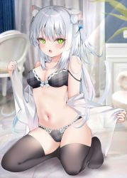 Rule 34 | 1girl, :o, animal ears, black thighhighs, bow, bow bra, bra, breasts, cat ears, cat girl, cat tail, cleavage, commentary request, fang, full body, green eyes, grey bra, grey hair, grey panties, long hair, looking at viewer, medium breasts, navel, off shoulder, open clothes, open mouth, open shirt, original, panties, plaid, plaid bra, plaid panties, pon (ponidrop), shirt, stomach, tail, thighhighs, underwear, white shirt