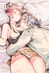 Rule 34 | 10s, 1boy, 1girl, between breasts, black panties, blouse, blue hair, blush, breast pillow, breasts, commentary request, drunk (granblue fantasy), eno yukimi, granblue fantasy, hair over one eye, hand on another&#039;s head, head between breasts, heads together, horns, huge breasts, legs together, panties, pantyshot, pointy ears, red hair, shirt, short hair, short shorts, shorts, skindentation, sleeping, sleepwear, smile, sturm (granblue fantasy), underwear, wavy hair, white shirt