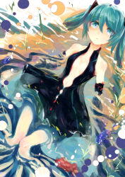 Rule 34 | 1girl, alternate costume, aqua hair, bad id, bad pixiv id, bare shoulders, black dress, black eyes, black gloves, blue eyes, breasts, bubble, center opening, clothing cutout, cluseller, colorful, dress, elbow gloves, female focus, fish, from above, gloves, grass, hair ornament, hatsune miku, highres, knees together feet apart, long hair, looking at viewer, lying, navel, on back, open mouth, partially submerged, shiny skin, sleeveless, sleeveless dress, small breasts, solo, thigh gap, twintails, vocaloid, water